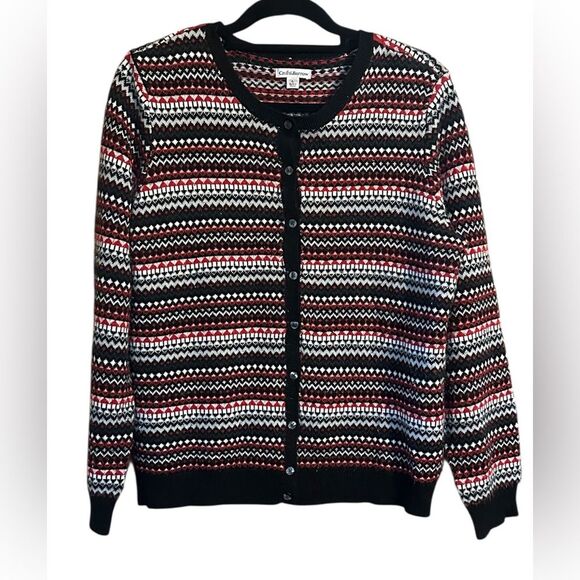 Croft & Barrow Ladies Red Black Cardigan Button Sweater Fair Isle. Size Large - Picture 2 of 7